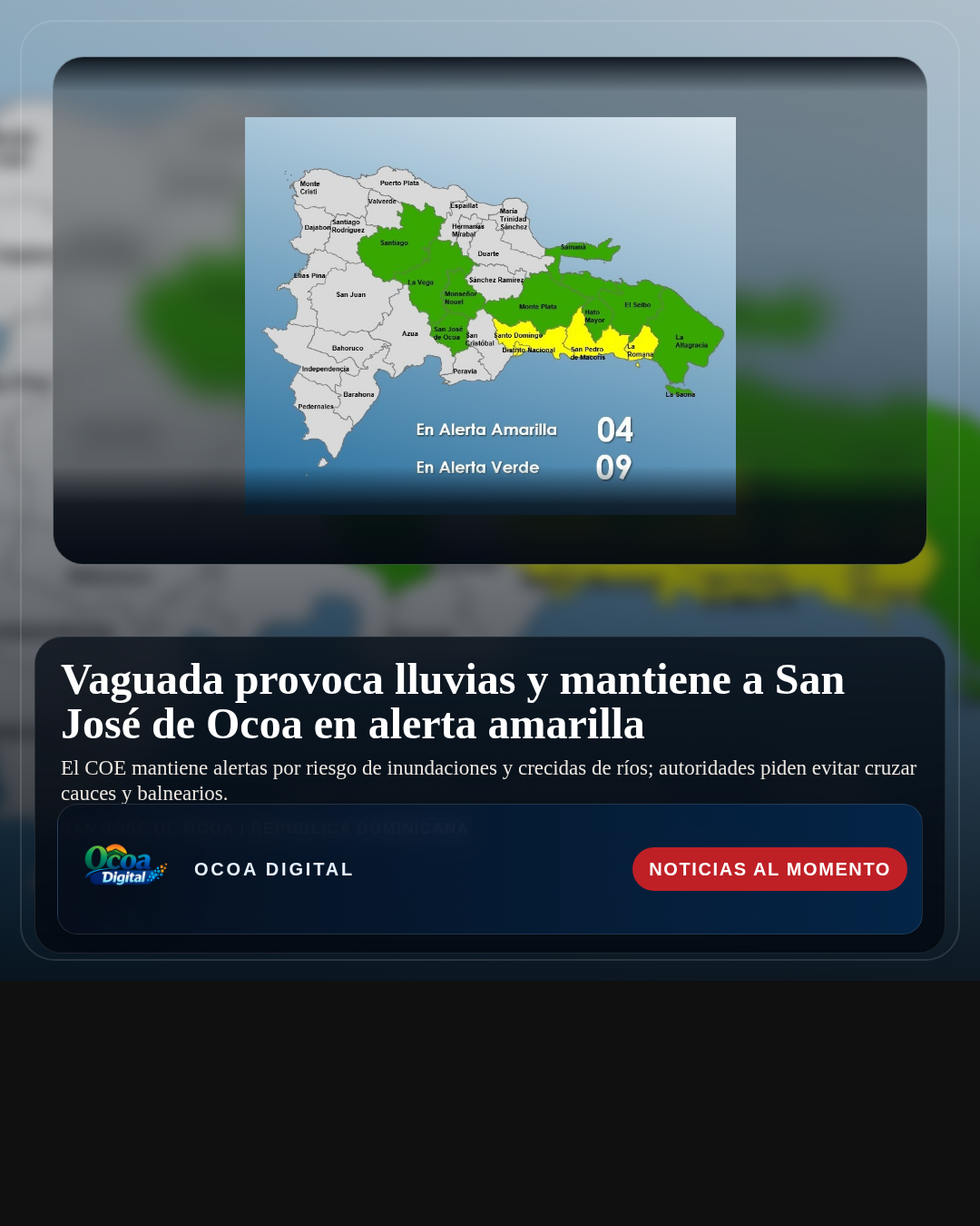 Vaguada provoca lluvias y mantiene a San José de Ocoa en alerta amarilla