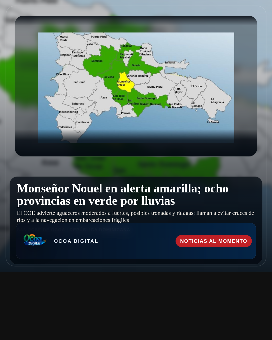 Monseñor Nouel en alerta amarilla; ocho provincias en verde por lluvias