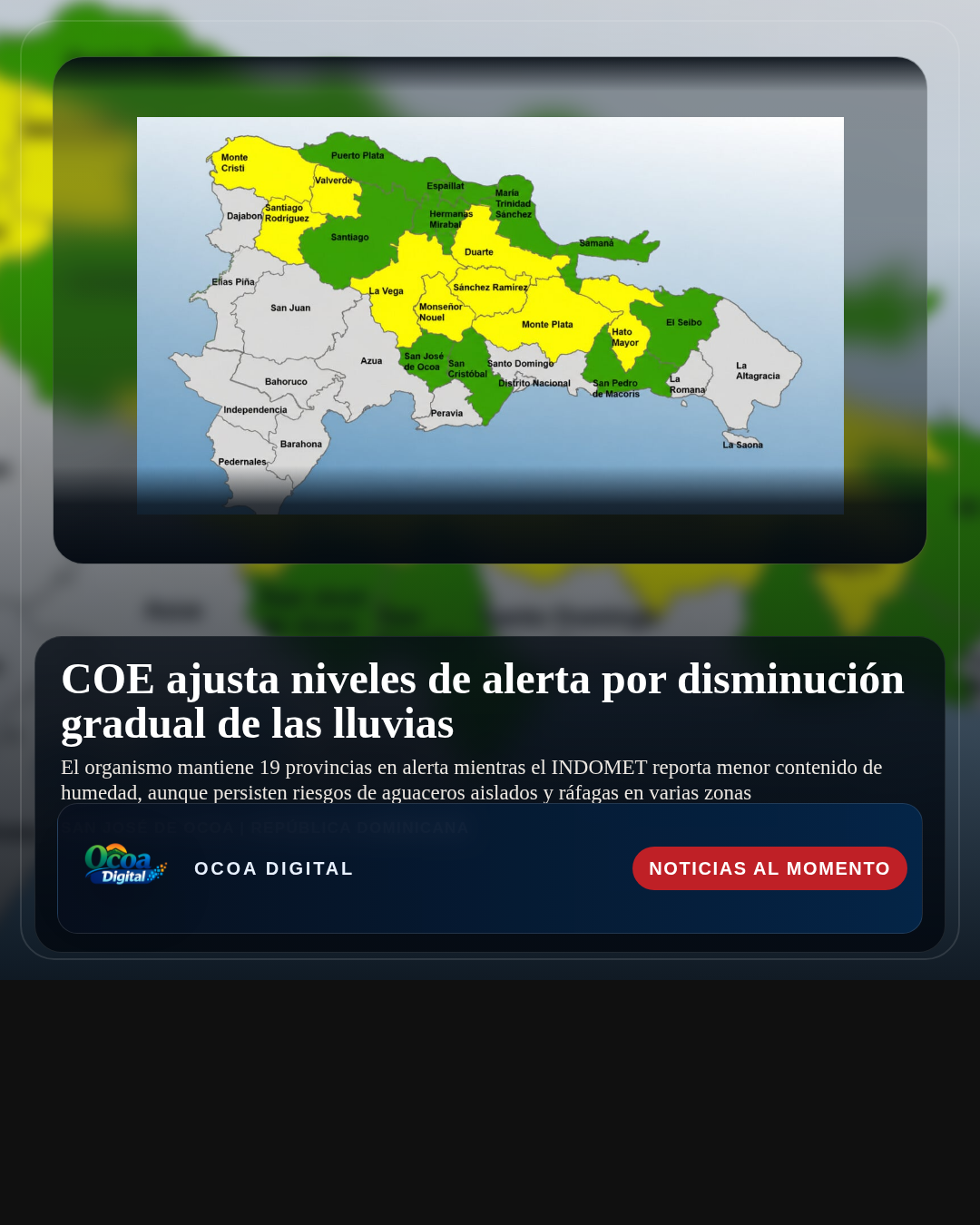 COE ajusta niveles de alerta por disminución gradual de las lluvias