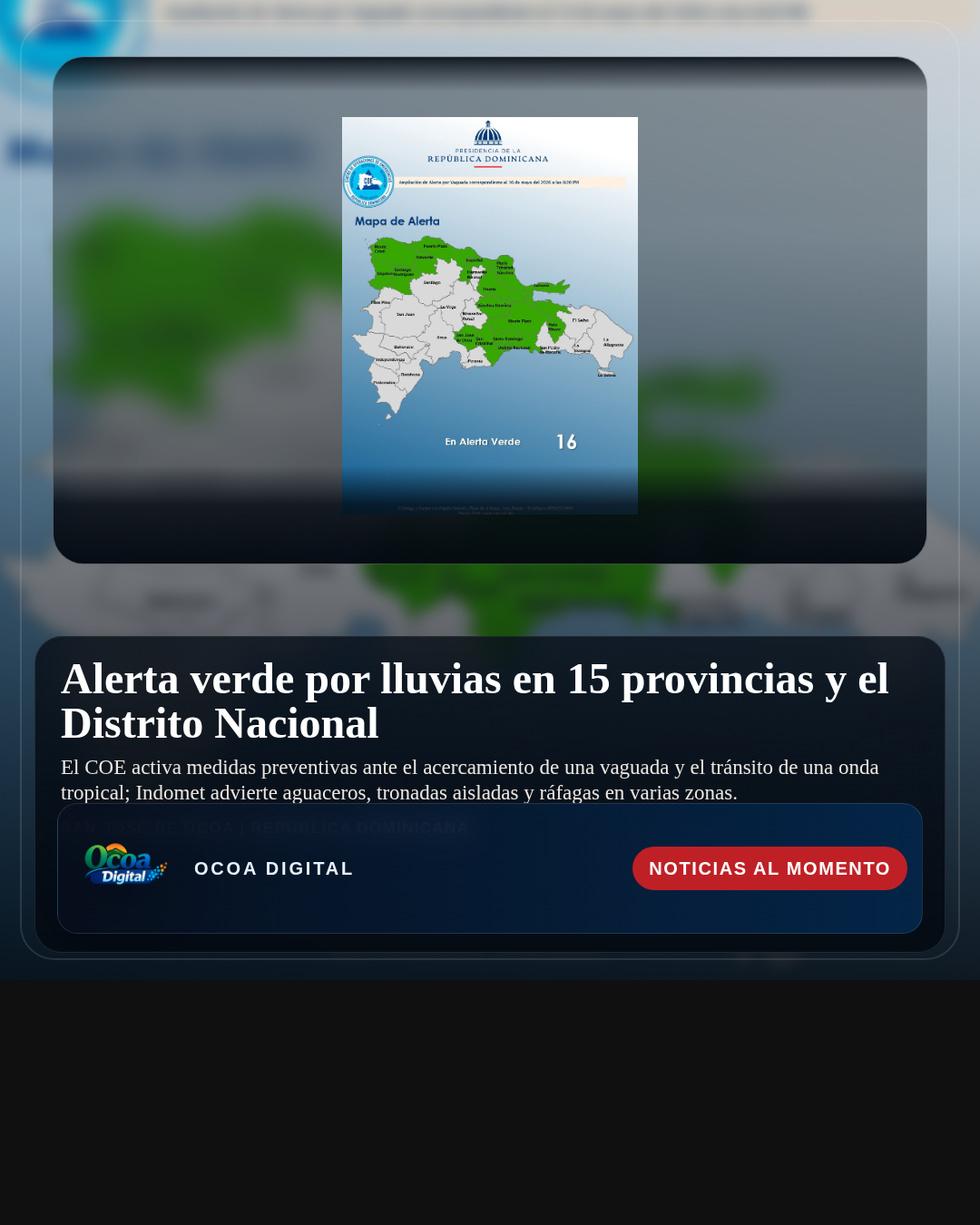 Alerta verde por lluvias en 15 provincias y el Distrito Nacional